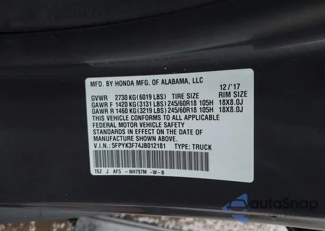 2018 Honda Ridgeline Rtl-E from USA, damaged, VIN 5FPYK3F74JB012181